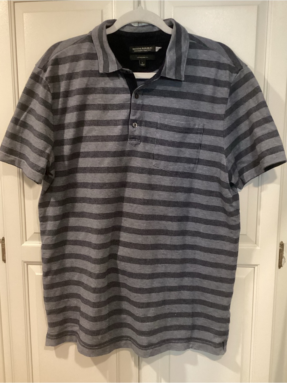 Banana Republic Men's Navy and Gray Striped Polo Shirt